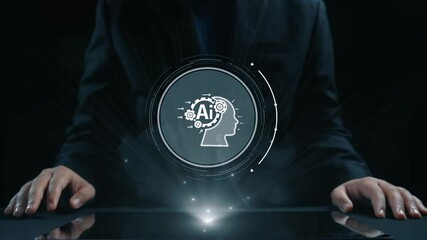 Poster - human interact with ai artificial intelligence brain processor in concept of ai artificial intellige