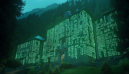 Poster - Binary code data flowing on a dark background, digital streaming effect, neon green and blue, futuristic data transfer, glowing numbers, technology concept