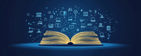 Poster - Open Book Representing Knowledge and Technology with Digital Icons on Dark Background