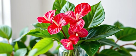 Wall Mural - Vibrant pink Anthurium blooms in a glass vase, lush green foliage, flower arrangement, blossom