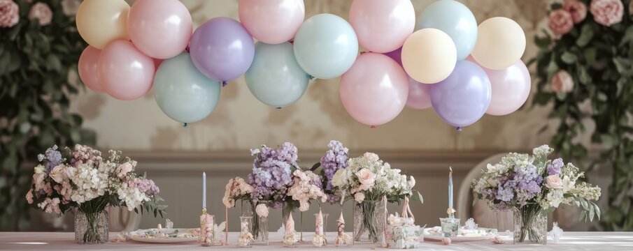 Elegant birthday table with pastel balloons and delicate floral arrangements