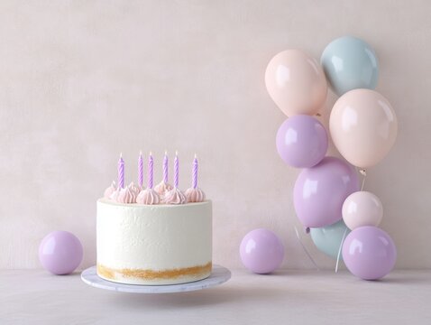 Minimalist birthday setup with a simple white cake and pastel balloons against a light wall