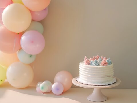 Minimalist birthday setup with a simple white cake and pastel balloons against a light wall