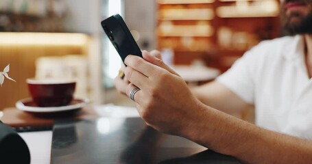 Leinwandbilder - Phone, hands and search with man in cafe for networking, social media post and lunch break. Communication, restaurant review and closeup with person in coffee shop for customer experience and app