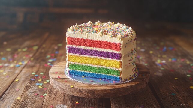 Whimsical cake with rainbow layers on a rustic wooden table with confetti spread