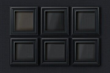 Aufkleber - Display of six empty black picture frames arranged on a dark background for artistic presentation or decoration ideas