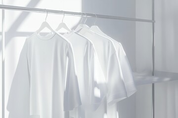 Poster - Shirts hanging on a minimalist rack in a bright room with soft sunlight filtering through