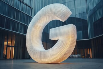 Aufkleber - Large illuminated sculpture of a letter G in an urban courtyard at night with modern buildings in the background