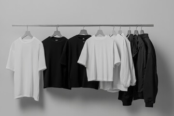 Poster - Trendy minimalist clothing display featuring various t-shirts and outerwear hanging on a rack in a modern setting