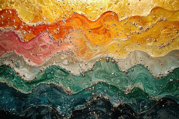 Poster - Colorful abstract art displaying fluid waves and bubbles reminiscent of ocean waves in vibrant hues