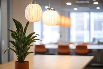 Poster - Modern workspace with decorative plants and soft lighting creating a calm environment