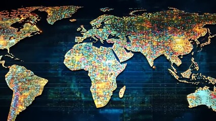 colorful digital world map displaying vibrant data patterns against a dark background