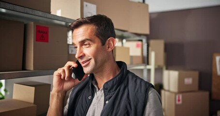 Aufkleber - Phone call, shipping and man with boxes for delivery, logistics and distribution in warehouse. Ecommerce, business and person on smartphone talking for supply chain, contact and online inventory