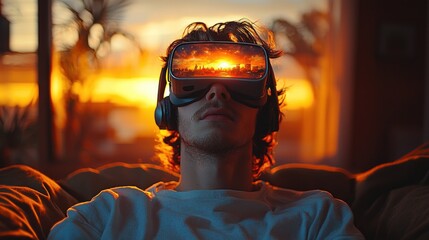 Man using VR headset, sunset cityscape reflected.