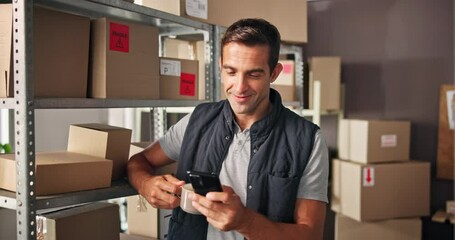 Poster - Phone, shipping and man with boxes and coffee for delivery, logistics and distribution business. Ecommerce, smartphone and person with drink on break for supply chain, social media or stock inventory