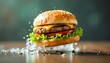 © amrisyam - Burger slices floating in the air, drops of burger mayonnaise caught in water splashes, high speed photography capturing dynamic movement, dramatic lighting.