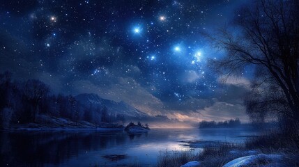 Wall Mural - Tranquil Wilderness Under Orion: Serene Stars and Canis Minor Above a Cold Winter Horizon