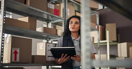 Fototapete - Woman, boxes and online order with tablet for distribution, web search or quality control for inventory. Distributor, tech and digital list for ecommerce package, supply chain or courier logistics