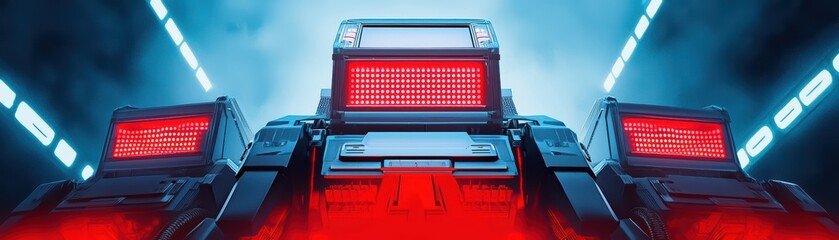 Poster - Futuristic AI-Driven Robotics Concept with Red Lights and Neon Accents in Dark Environment