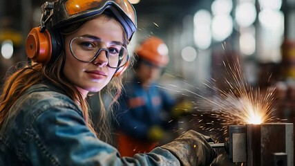 Poster - A skilled female welder expertly operates a drill press while her colleagues assist in a bustling workshop. Sparks fly as teamwork and craftsmanship shine in this dynamic environment.