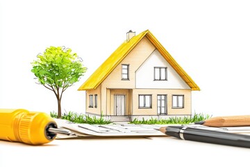 Poster - Hand Drawn Sketch of a House with Tree and Drawing Tools on a White Background