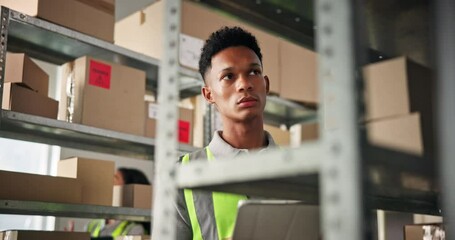 Fototapete - Man, supply chain and quality control with tablet for inventory, order inspection or checklist for distribution. Distributor, delivery and stock list for ecommerce package, boxes or courier logistics
