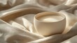 © ThuyTrang - A creamy coconut milk drink in a sleek white ceramic cup, resting on a textured beige fabric, gentle highlights emphasizing the drink’s smooth surface, soft and inviting aesthetic. --ar 16:9
