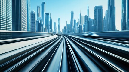 Poster - Dynamic High-Speed Train Concept Racing Through a Modern Urban Landscape with Skyscrapers