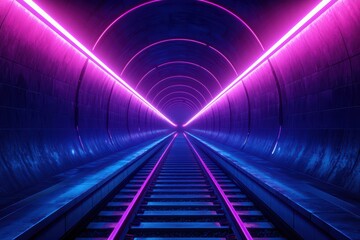 Poster - Futuristic Neon-lit Railway Tunnel with Cyberpunk Aesthetic in a Sci-fi Conceptual Design
