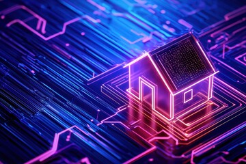 Poster - futuristic concept of smart home with glowing holographic house on digital circuit background