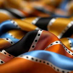 Poster - Colorful silk fabric with smooth waves in orange, black, blue and white tones, ideal for fashion and textile design