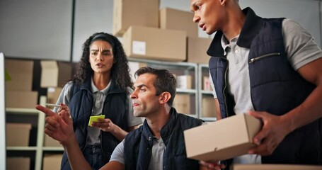 Fototapete - Label, delivery and people with boxes on computer for shipping, logistics and distribution info. Ecommerce, sticky note and men and woman for supply chain, package receipt number and online inventory
