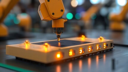 Poster - Robotic Arm Precision Assembly in Modern Industrial Factory Environment with LED Lights and High-tech Equipment