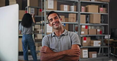 Aufkleber - Crossed arms, shipping and face of man with boxes on computer for delivery, logistics and distribution. Ecommerce, professional and portrait of person for supply chain, online shopping and inventory