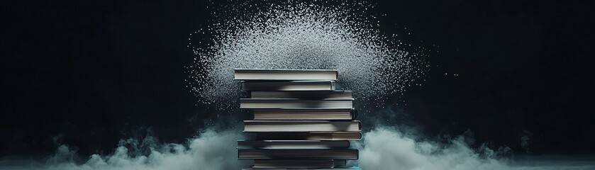 Poster - A surreal still life arrangement of books stacked impossibly high, their pages turning by an unseen force, ink spilling out and forming abstract shapes in the air, dimly lit library setting, moody