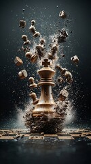 Poster - A surreal still life of a chessboard where pieces appear to be in mid-motion, some floating, others melting into the board, dramatic lighting, moody and conceptual, ultra-high resolution,