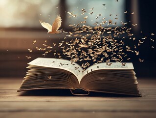 Poster - A whimsical still life featuring an open book with words floating off the pages, forming shapes of birds in flight, gentle golden lighting, soft-focus background, surreal and poetic aesthetic, warm