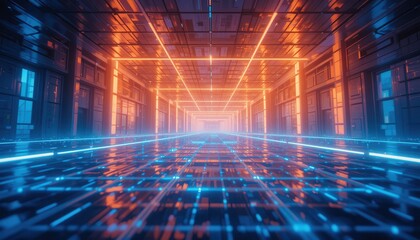 Poster - Futuristic light show neon corridor digital art urban environment wide angle innovation and design