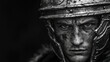 © otter2 - A dramatic black and white photograph of a Roman centurion, his face partially obscured by an aged and battle-worn helmet. The intricate metalwork of the helmet glistens under the harsh light, and h