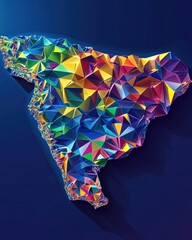 Poster - Abstract geometric map artwork with vibrant colorful triangular mosaic texture and shadows over a dark blue background
