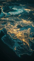 Poster - Abstract digital map illustration showing glowing city lights over land and sea with vibrant teal and gold hues