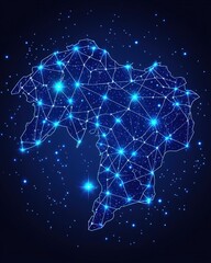 Poster - Abstract map outline formed by glowing blue dots and lines against a dark blue background representing a night sky