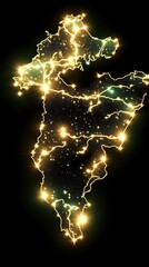 Poster - Abstract glowing map of a landmass with interconnected lights against black. Representing connectivity and data flow