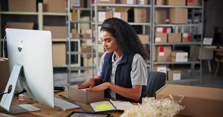 Fototapete - Box, label or woman on computer in warehouse for distribution stock, sticker or cargo. Storage, supply or factory worker checking logistics for delivery order, packaging process or ecommerce parcel