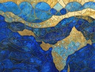 Poster - Abstract artistic map illustration with blue and gold mosaic textures and geometric patterns