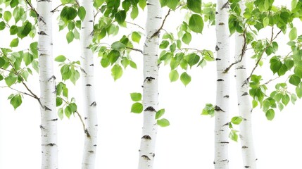Aufkleber - Closeup of Birch Trees with Green Leaves Against White Background