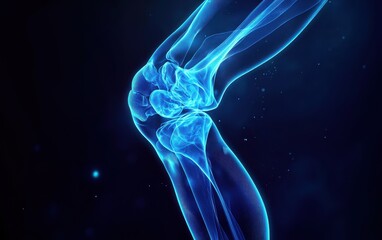 Poster - Human Knee Joint Anatomy Digital 3D Model Glowing Blue Particles Dark Background