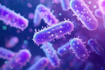 Poster - Microscopic View of Purple and Blue Bacteria Cells in 3D Rendering