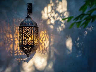 Poster - Ornamental Metal Lantern Casting Warm Light on a Wall