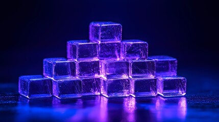 Poster - neon cubes: an abstract composition of glowing, translucent cubes stacked in a pyramid against a dee